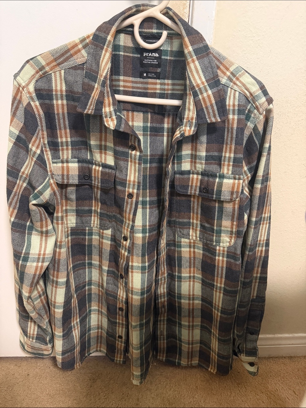 Prana Men’s Plaid Button-Down Shirt in Green, Brown & Cream